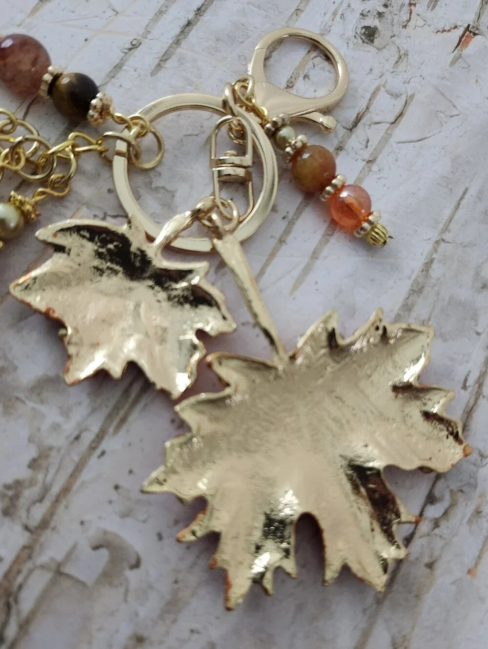 Autumn Leaf Purse Charm or Keychain Fire Agate Jasper Carnelian Handcrafted